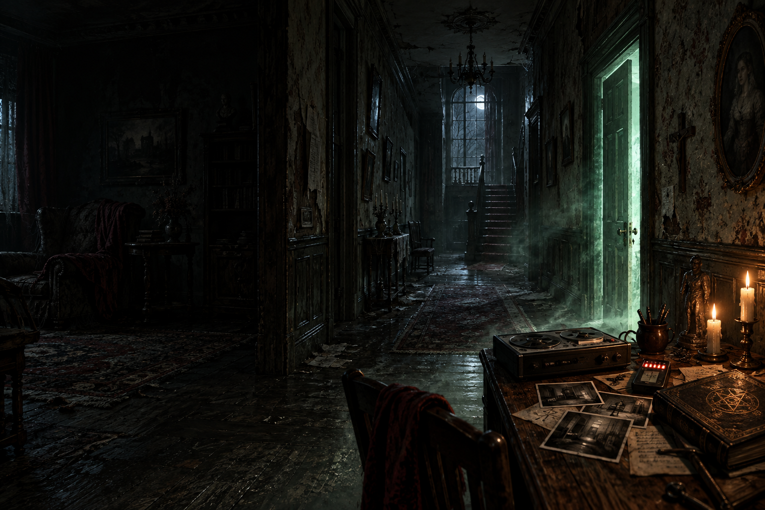 Atmosphere concept of a paranormal investigation inside an abandoned house
